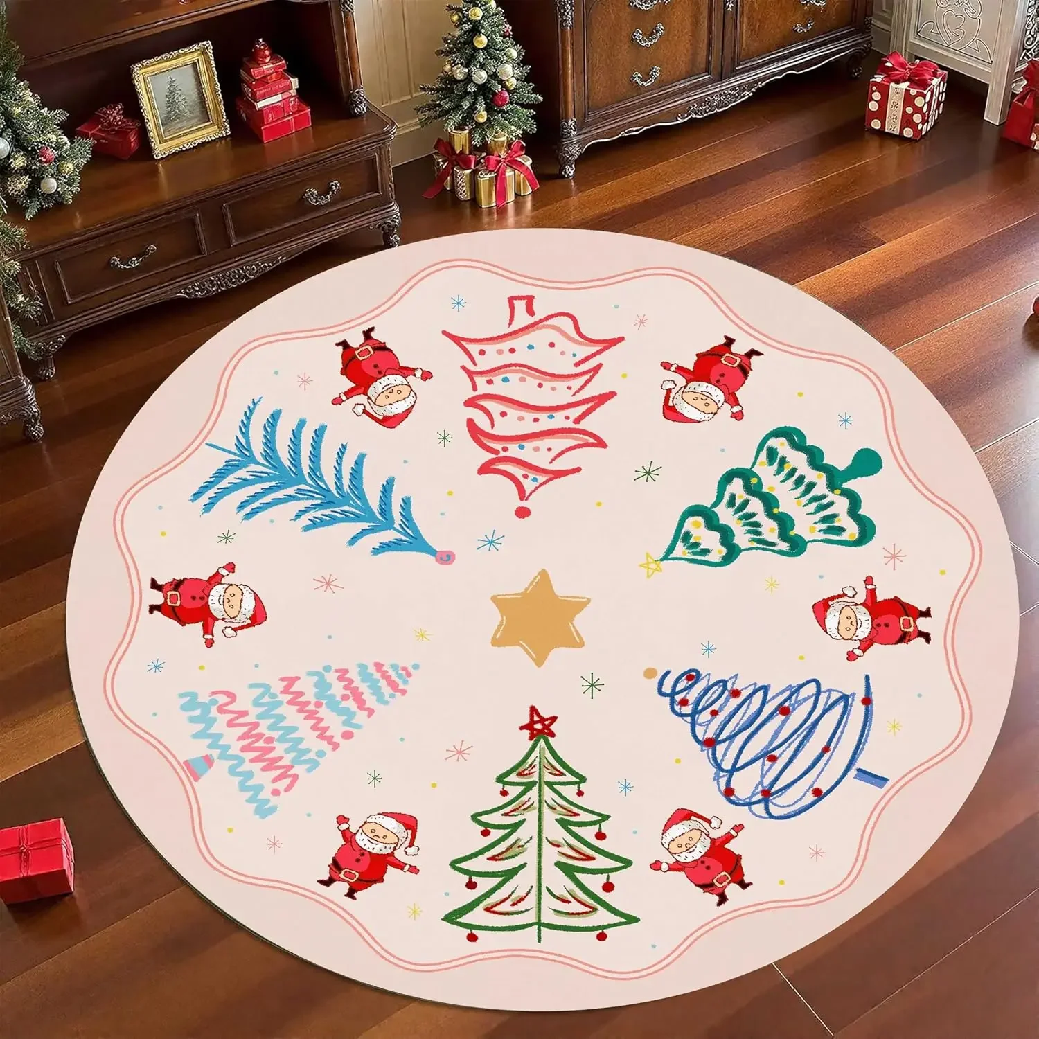 Cute Hand Drawn Round Mat Pink Christmas Tree Area Carpet Whimsical Santa Claus Pattern Living Room Armchair Floor Rug