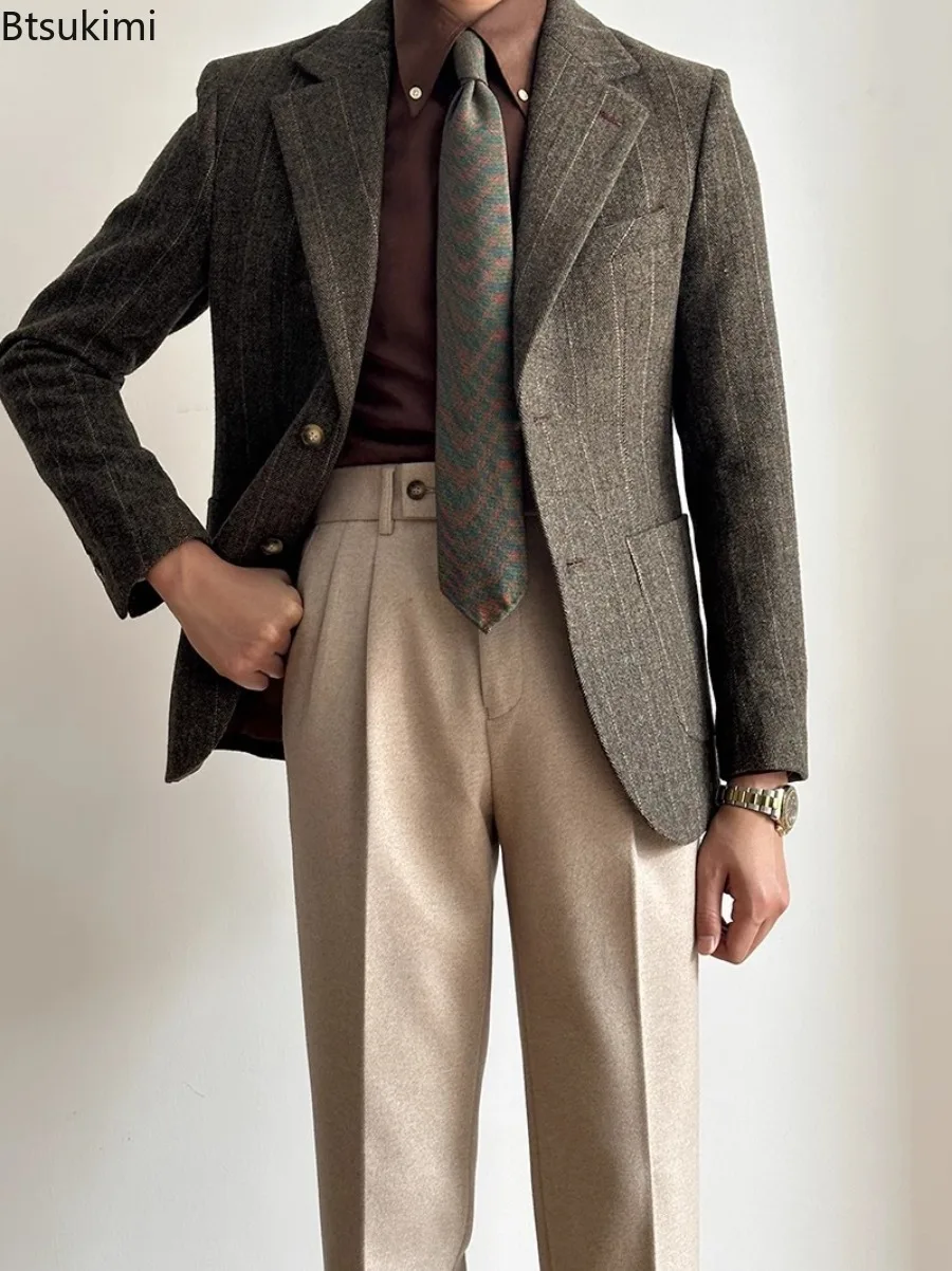 New Men's Light Mature British Retro Pants Business Casual Slim Fit Straight Leg Pants Solid Color Versatile Trousers for Men