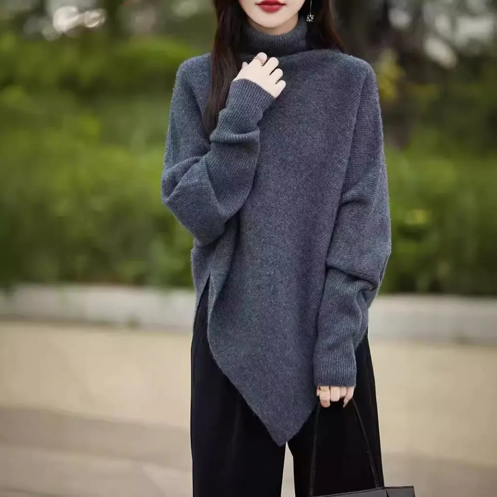

Women's French Style Irregular Turtleneck Sweater Coat Lazy Style Gentle Design Spring Autumn Niche Knitwear Top