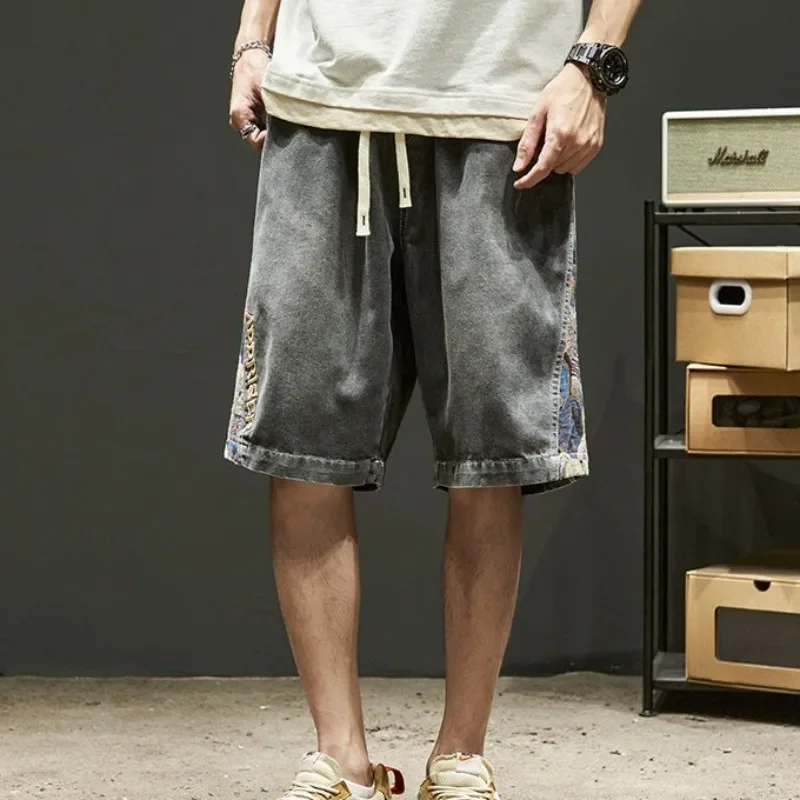 

Loose Men's Short Jeans Pants Wide Drawstring Male Denim Shorts Bermuda with Pockets Long Half Baggy Summer Popular Cowboy Cut