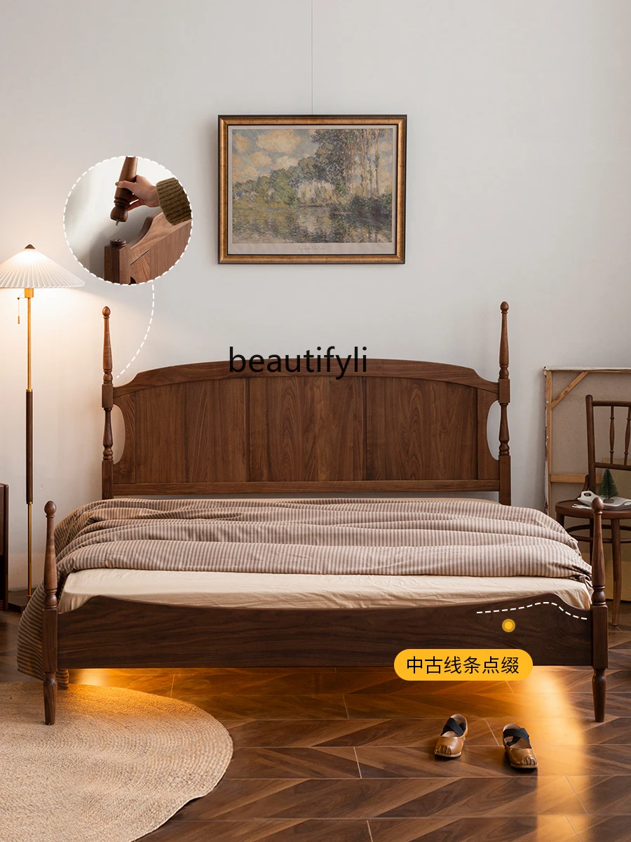 Solid Wood Bed Nordic Retro Black Walnut 1.5 Single Master Bedroom Household Minimalist 1.8 M Double Bed