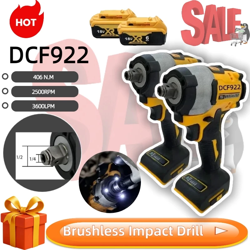 

DCF922 406 Нм Бесщеточный ударный гайковерт Аккумуляторный ключ Электрический ключ с переменной скоростью Перезаряжаемый инструмент подходит для батареи Dewalt