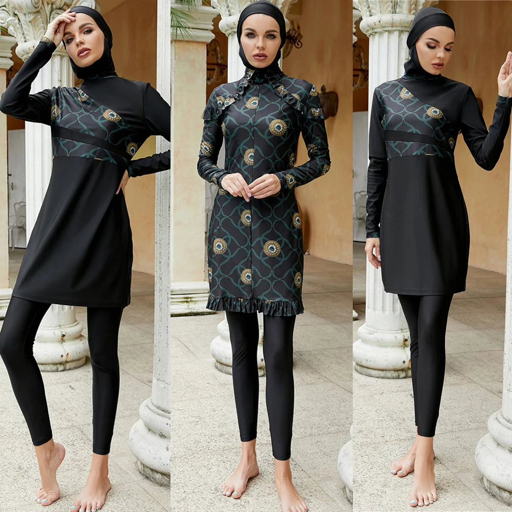 

Burkini Muslim Swimwear Hijab Print Swimwear 3pcs Full Cover Islam Women Hood Modest Swimming Costumes Bathing Suit Beachwear