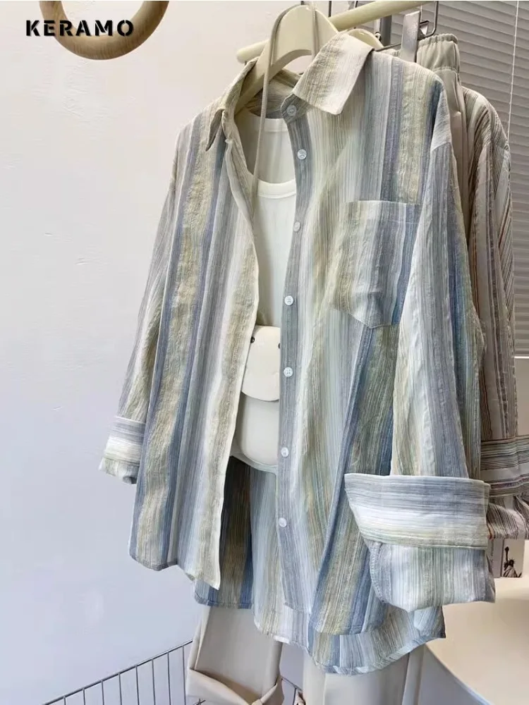 

Женская Тонкая блузка в полоску, повседневная однобортная Базовая рубашка в японском стиле с отложным воротником и длинным рукавом, осень 2023