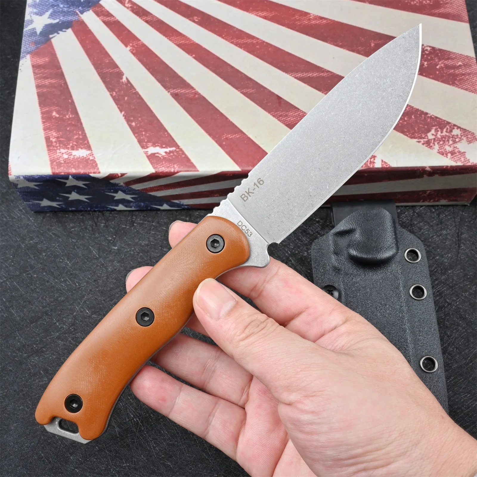 TRSKT BK16 Hunting Knives Camping Knife ,Dc53 Fulltang Outdoor Knife Rescue Edc Tool G10 Handle With Kydex Dropshipping