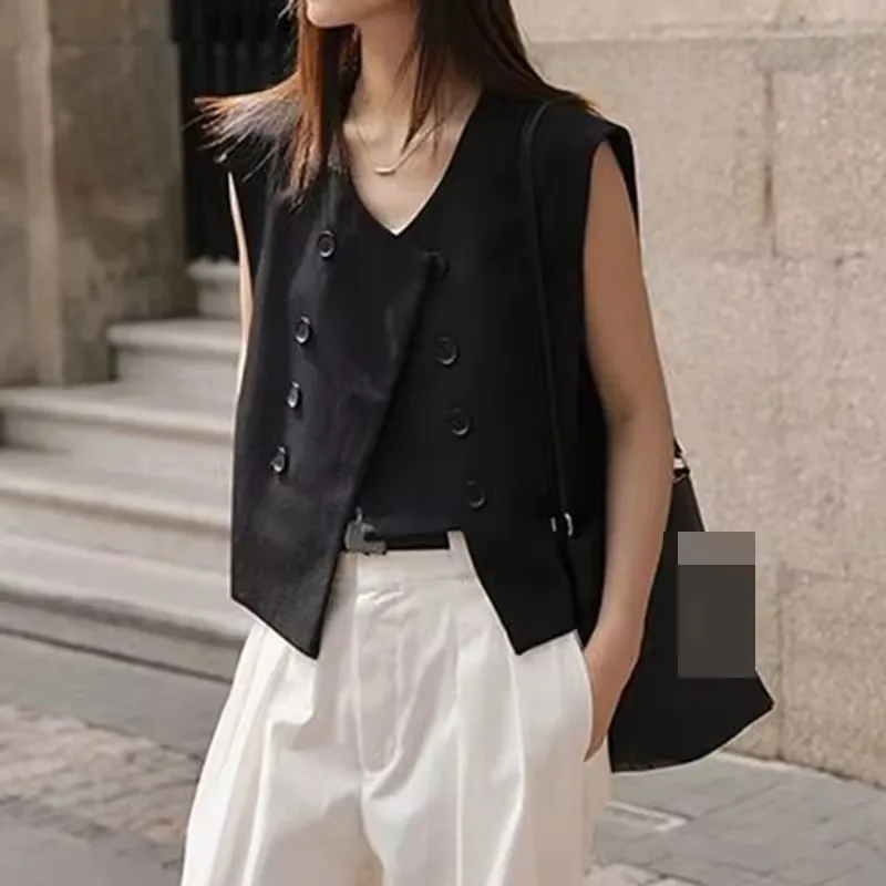 Black Suit Vest Jacket Women Irregular Top 2025 Spring Summer New Double Breasted Casual Thin Shoulder Waistcoat Female Clothes