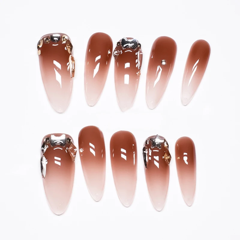 10pcs Autumn Winter Atmosphere Pure Handmade Long Almond Nail Art Gradient Brown Star Rhinestone Long Press on Nails Fake Nails