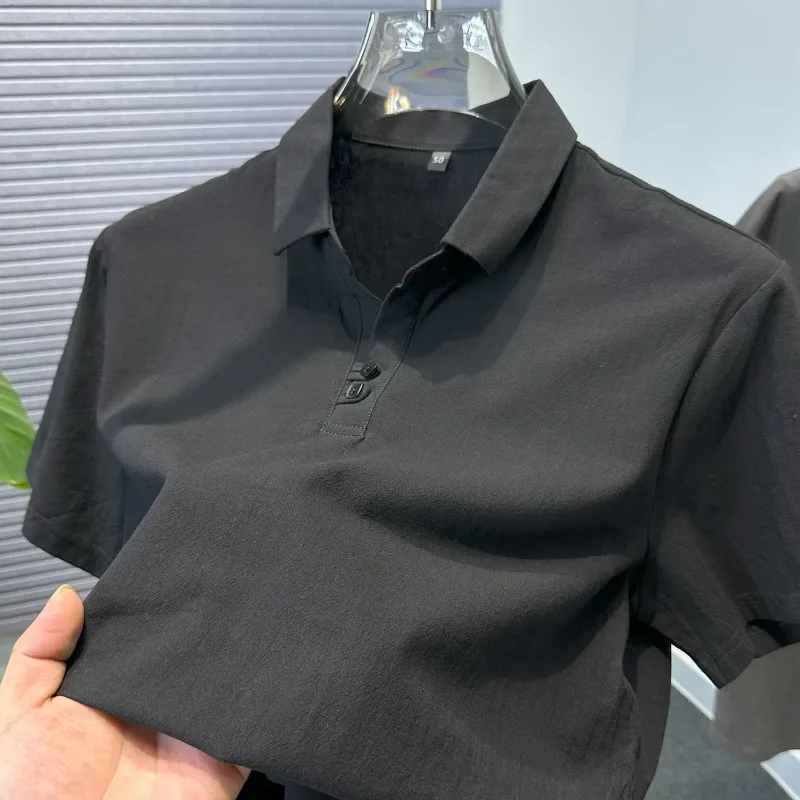 

Мужская черная рубашка-поло с коротким рукавом, повседневная, приталенная, с отложным воротником, дышащая