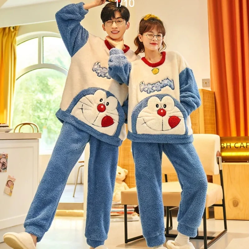 

Doraemon Anime Cartoon Couple Pajamas Autumn Winter Thickened Coral Velvet 2025 New Fleece Men & Women Loungewear Gifts