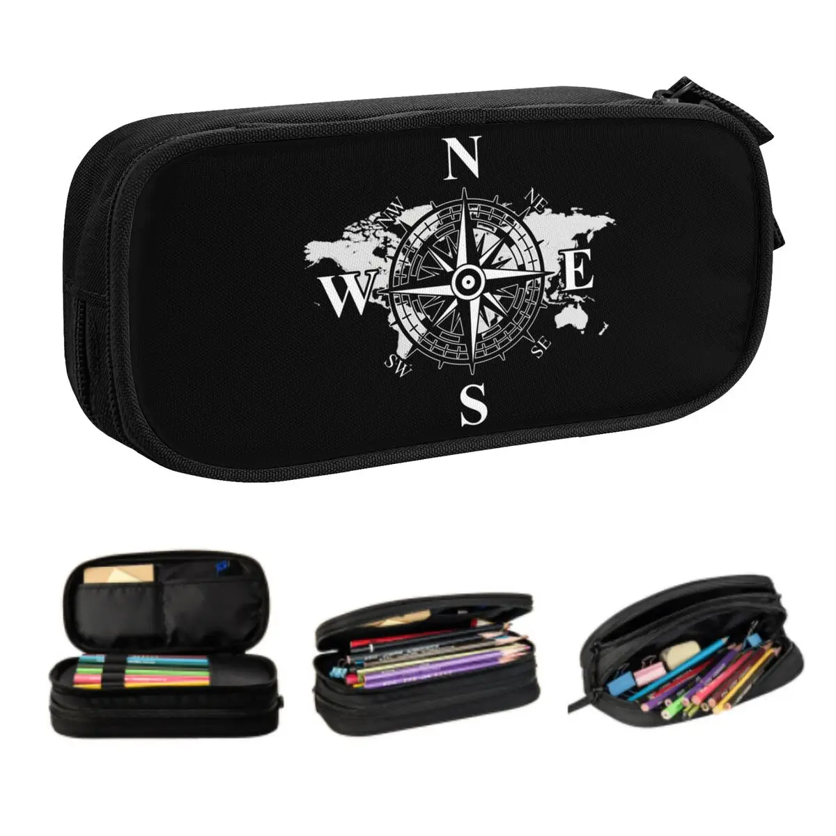 Custom Kawaii Compass With World Map Pencil Case for Cardinal Points Of Earth Large Storage Pen Bag Box School Accessories