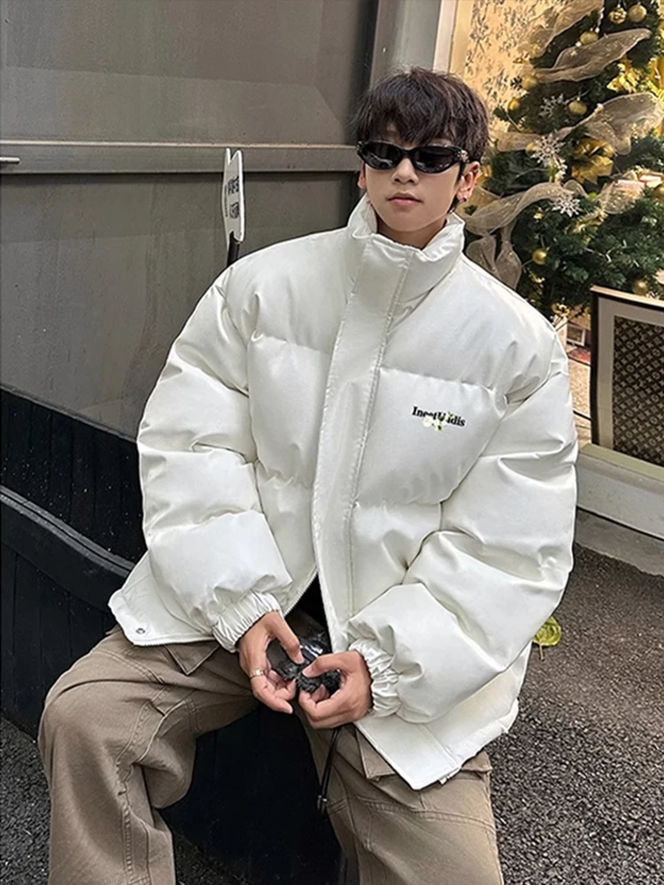 

Мужская зимняя куртка из искусственной кожи и хлопка в американском уличном стиле, теплая, свободного кроя, с воротником-стойкой, в стиле Гонконг, утепленная, с объемными рукавами