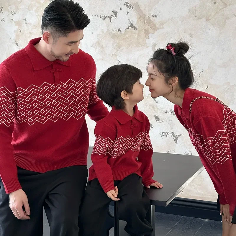 Family Red Chinese Knitted Sweater Winter New Year Parent-child Warm Christmas Jumper Dad Mom and Daughter Son Matching Clothes