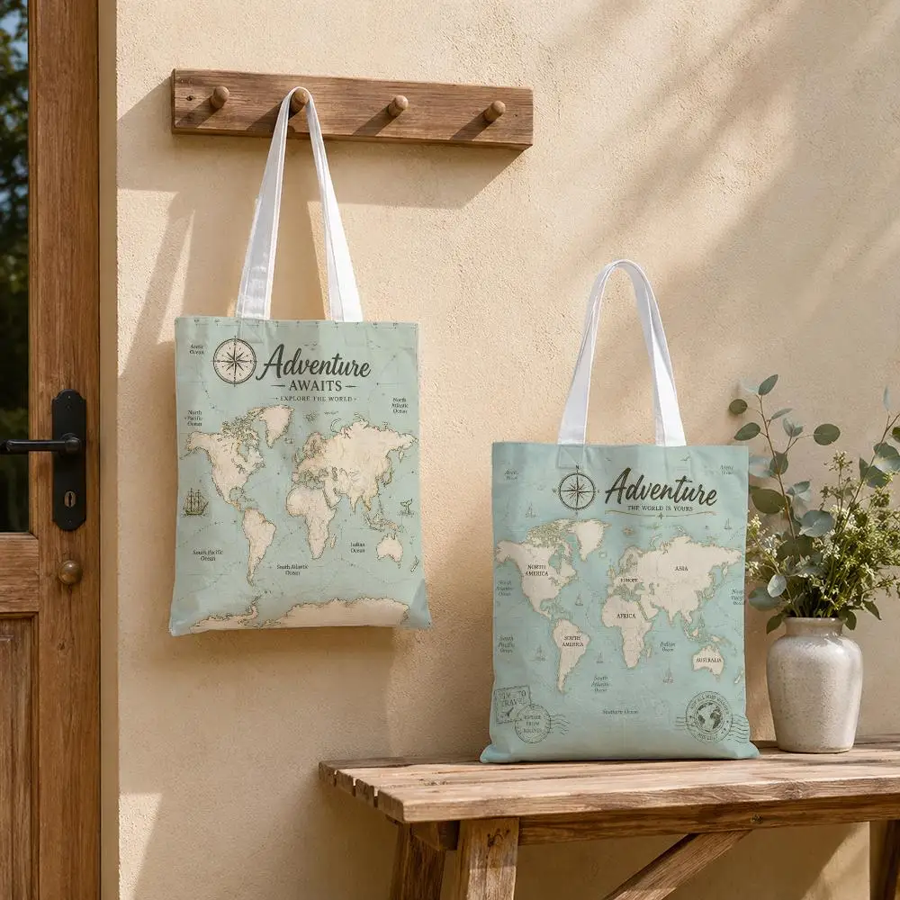 Vintage World Map Travel Adventure Storage Bags Tote Bag Reusable Shoulder Shopping Foldable For School Work Travel Daily Use