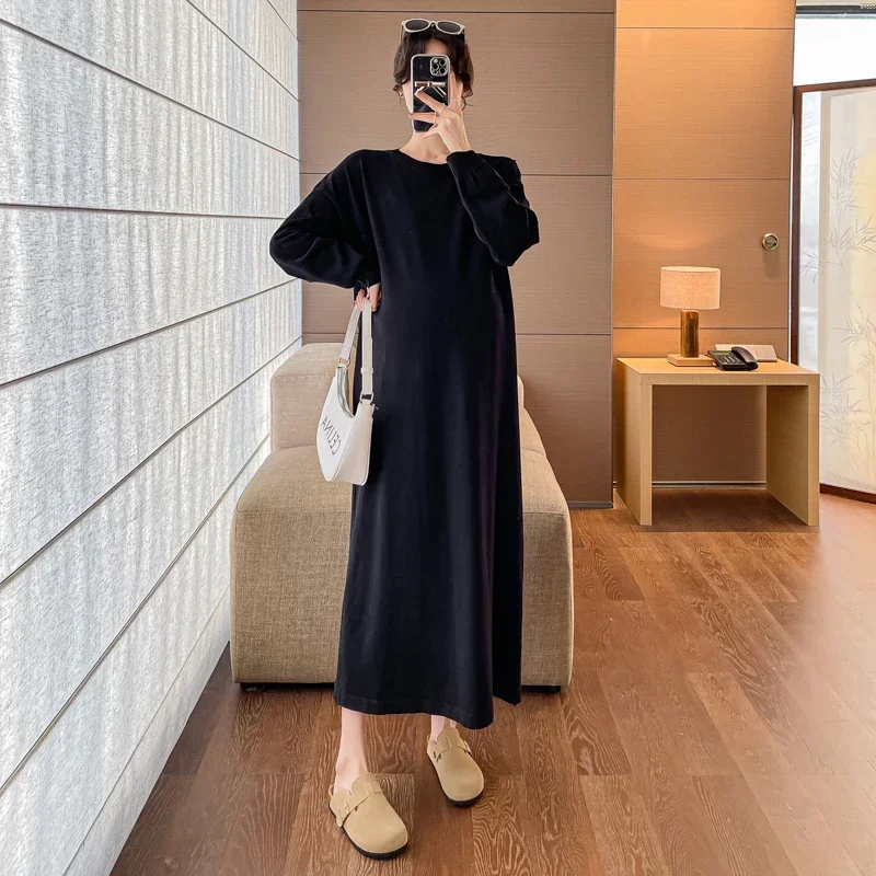 1056# 2023 Autumn Winter Strip Knitted Maternity Long Dress Oversize Loose Straight Clothes for Pregnant Women Casual Pregnancy