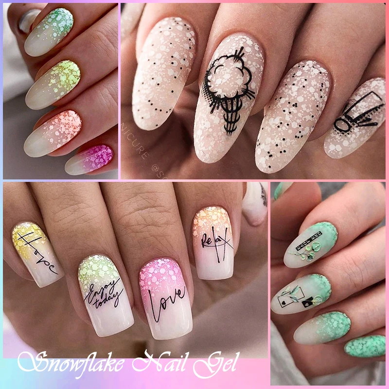 7 ml Schneeflocken-Gel-Nagellack, UV-LED, semi-permanent, milchig, weiß, rosa, Glitzer, Schnee-Pailletten, Gel-Nägel, Kunst-Design, Lack, Maniküre