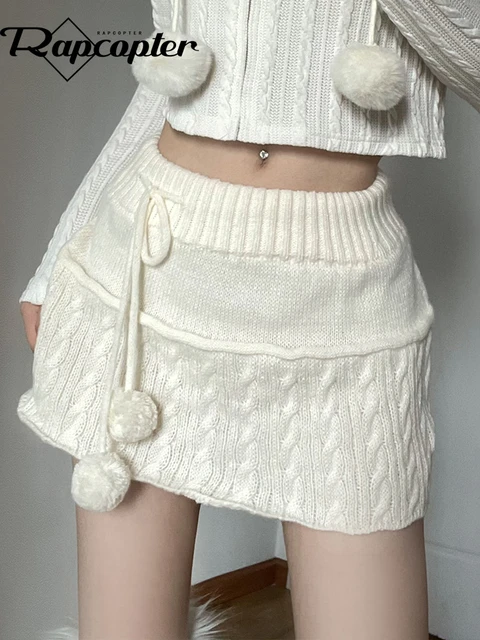 Rapcopter y2k Knitted Mini Skirts Lace Up Fur Cute Sweet Pencil Skirts Twist Skinny Low Waisted Short Women Skirts Autumn Chic AliExpress 200000345