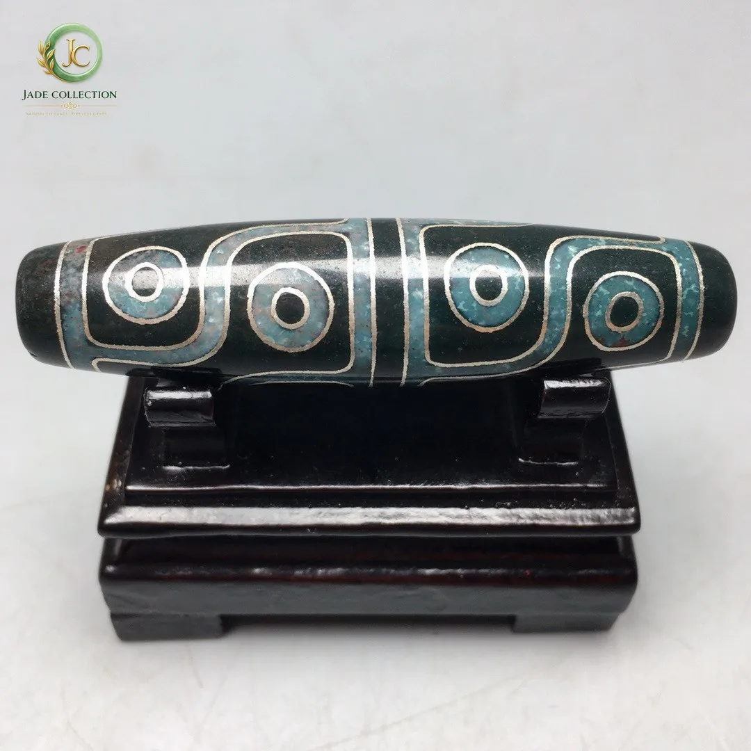Tibetan Cinnabar Old Agate Dzi Inlaid Silver Wire 12 Eyes Bead Amulet 58mm S0527
