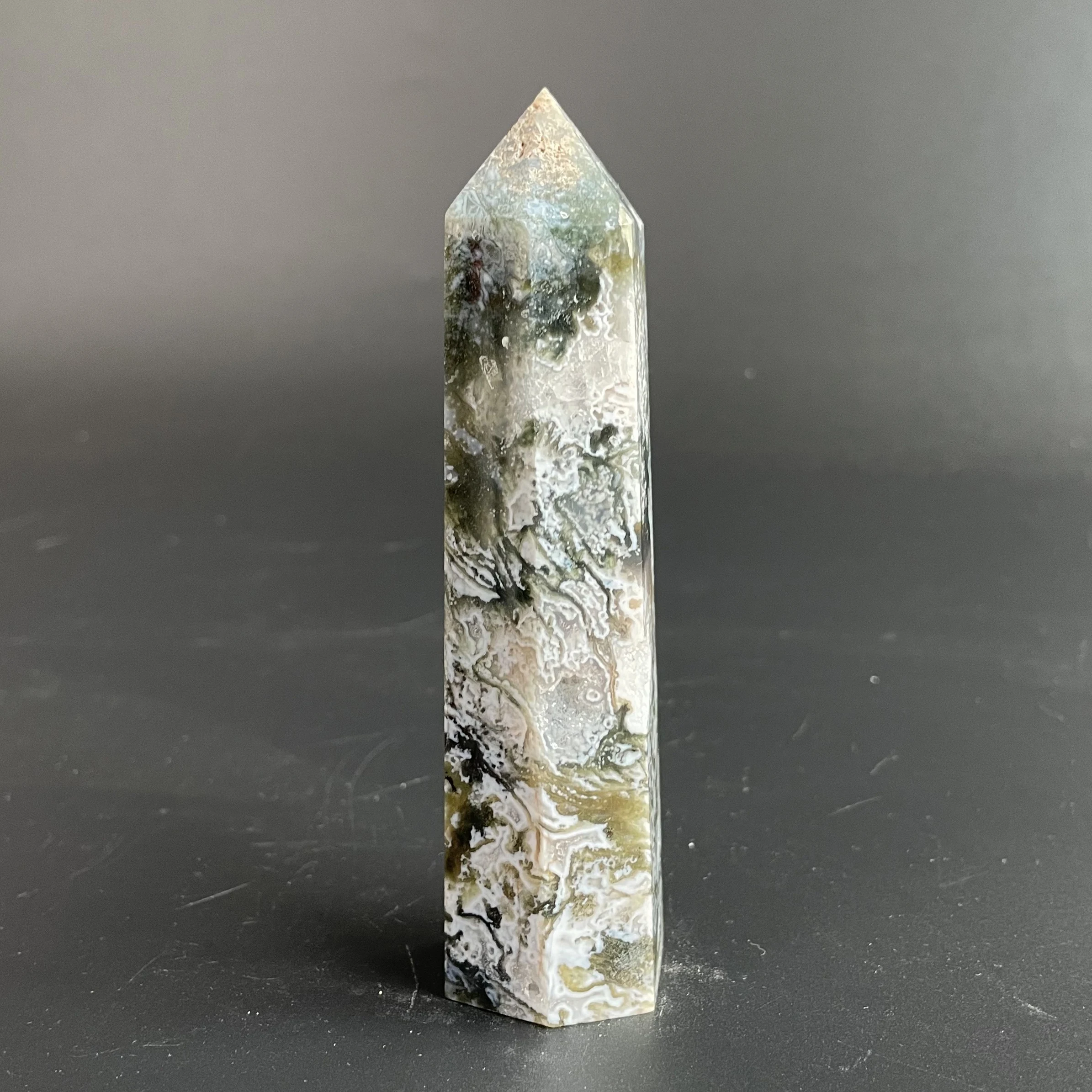 

143g Natural Crystal Moss Agate Single Point Tower Polished Aquatic Agate Wand Reiki Healing Exquisite Room Decor Z768