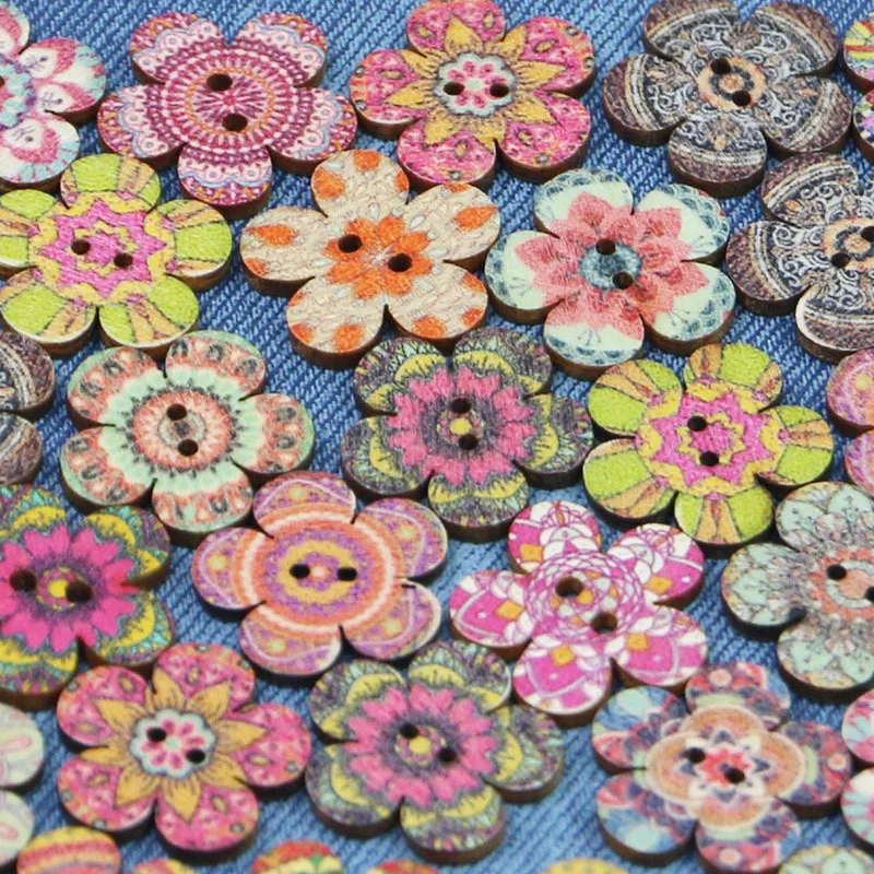 (50 Pcs/pack) 2cm Vintage Plum Blossom Buttons 2-hole Wooden Button Craft Sewing Scrapbook DIY Decoration Vintage Color Printing