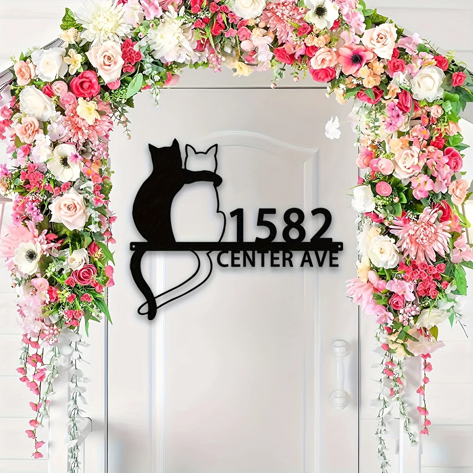 Personalized Black Cat Address Plaque, Custom House No. Street Name, Paw Print metal Door Hanger, Indoor/Outdoor Cat Lover Gift view 3