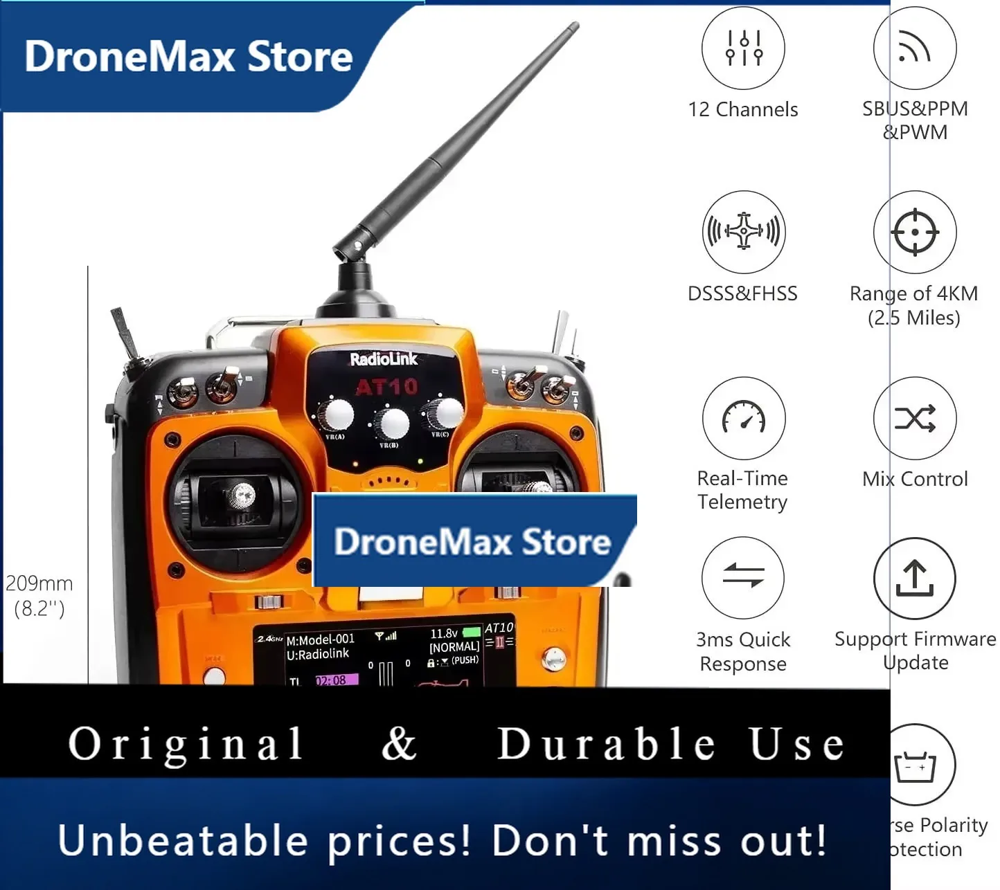 DroMaRadiolink AT10II 2.4Ghz 12 Channel RC Transmitter And Receiver R12DS AT10 II PRM-01 Voltage Return For RC Drone Airplane Qu