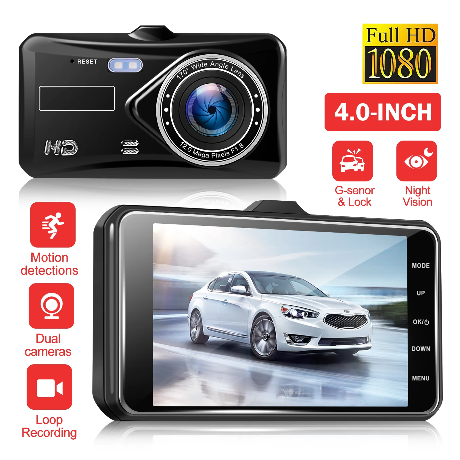 XGODY 4'' Car Dash Camera Front and Rear Cam Security DVR Recorder Night Vision