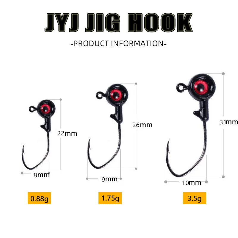 JYJ 0.88g 1.75g 3.5g 10 pieces big eye jig head hook for fishing tackle soft worm bait , sharp lure fishhook