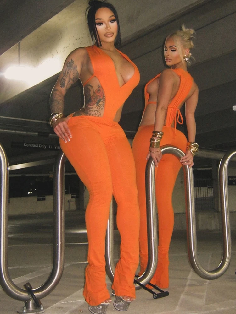 Sisterlinda Sexy Wild Style 2Piece Set Women Deep V-Neck Sleeveless Irregular Bodysuit+Skinny Peach Hip Pant Street Fashion Suit