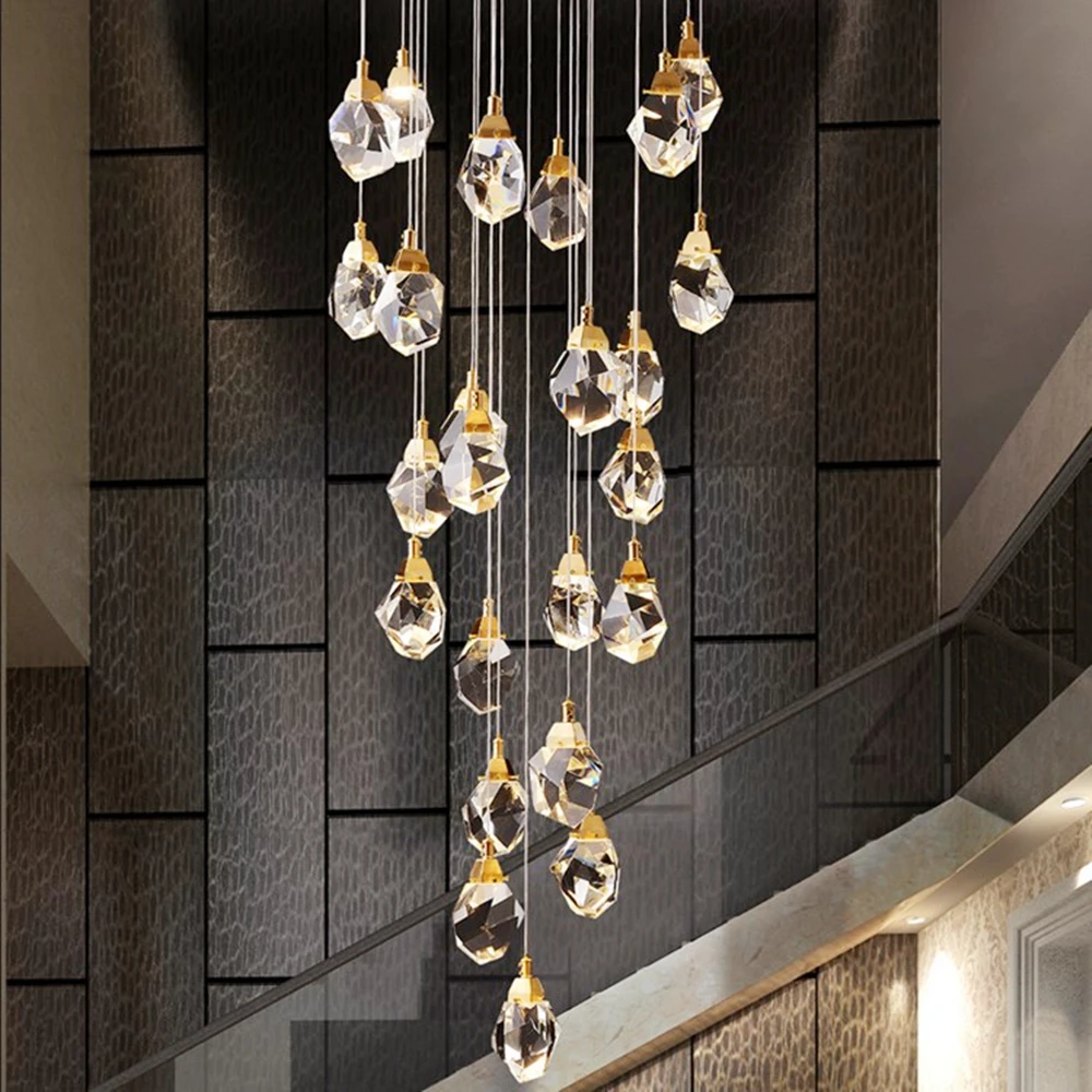 

Luxury diamond crystal chandelier staircase large living room hall chandeliers lighting golden home decoration led crystal lamp