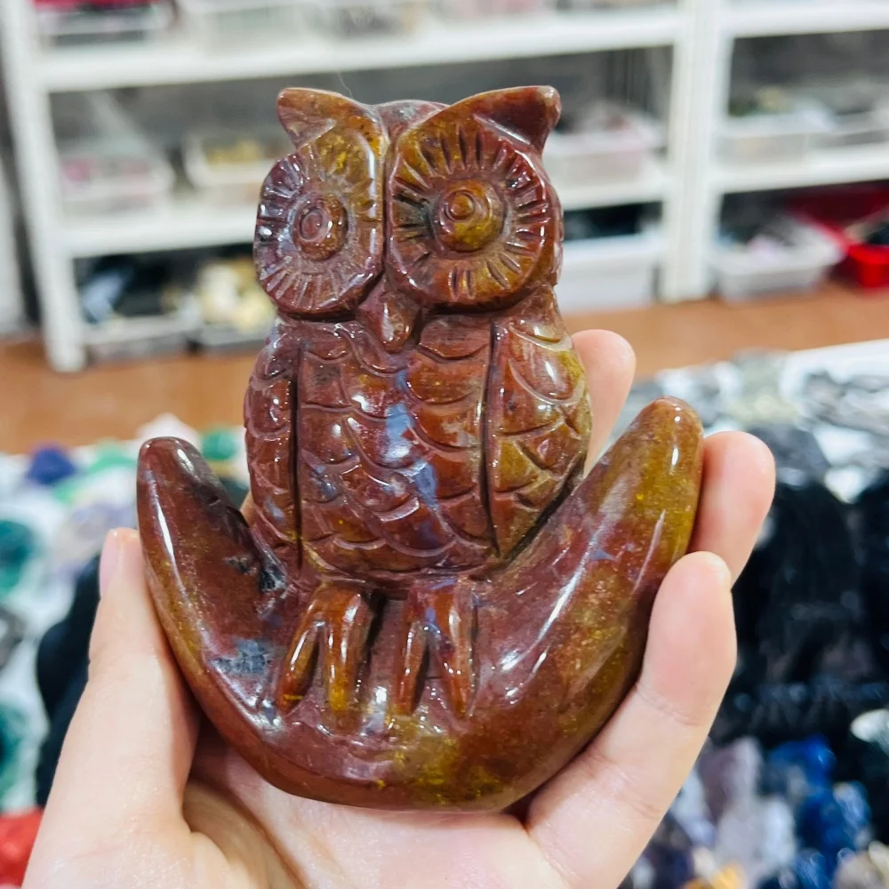 Natural Ocean Jasper Owl Stone Sculpture for Meditation Home Decor Collectible Gift - Unique Artwork