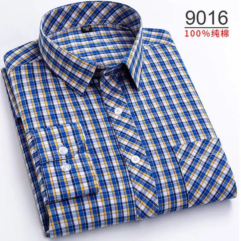 100% cotton 6XL short-sleeved men\'s shirt Spring and summer long-sleeved thin casual high-quality plaid free perm breathable