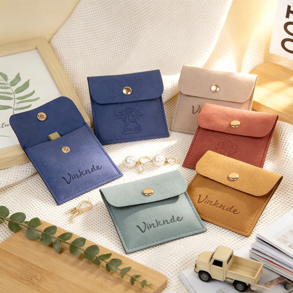 

50Pcs Navy Custom Logo Microfiber Snap Bag for Ring Necklace Earring Jewelry Storage Bags Velvet Wedding Gift Packaging Pouch