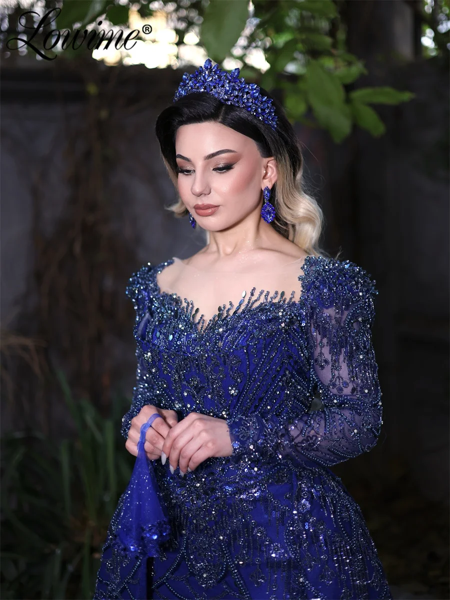 2026年ロイヤルブルーアラビックドバイイブニングドレスローブドソワレアソエビロングプロムドレスビーズスパンコールウェディングブライドパーティガウン