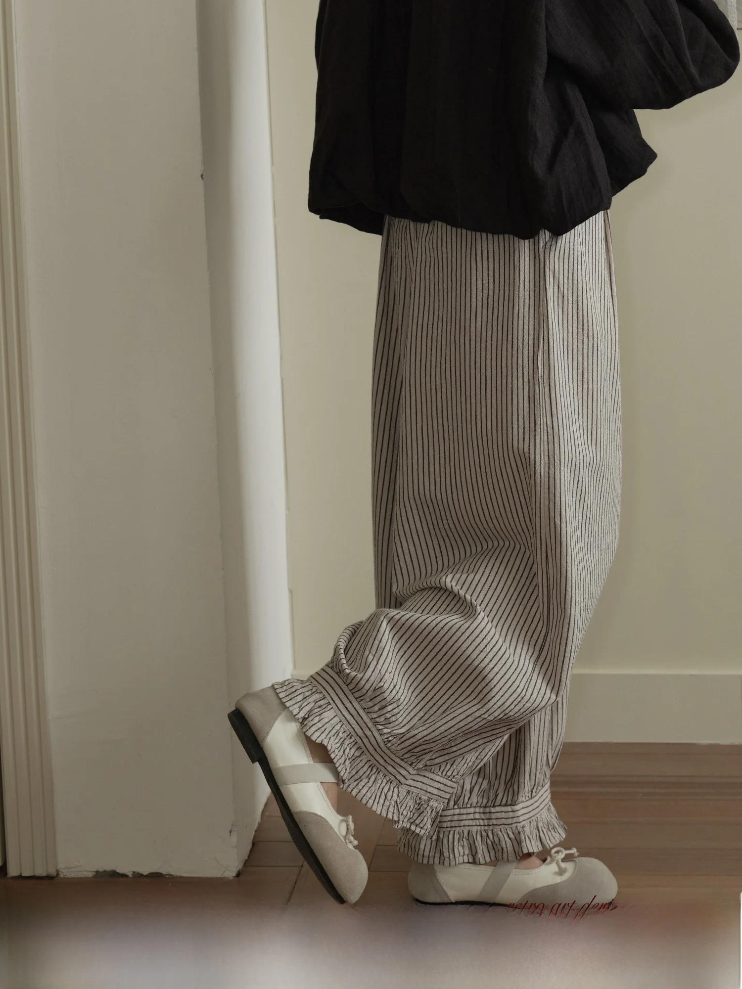 

Tiongtiong художественные хлопковые и льняные повседневные брюки в полоску, женские весенние универсальные утягивающие широкие длинные брюки для поездок на работу