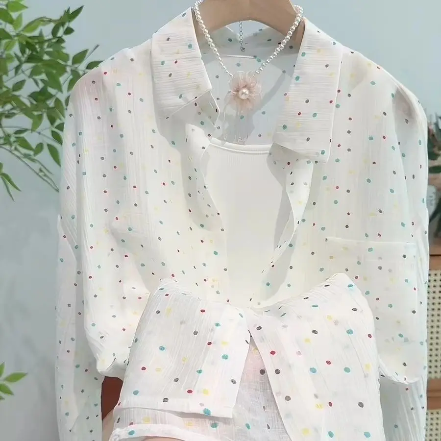 Blusa de Mujer con Estampado de Puntos, Cuello Camisero, Manga Larga, Estilo Casual, Blusa Sencilla para Mujer, Camisas y Blusas Femeninas