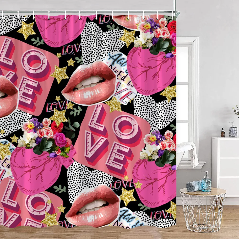 Pink Perfume Shower Curtains Cosmetic Lipsticks Red Lips Flower Panther Pattern Bathroom Decorations Polyester Bath Curtain