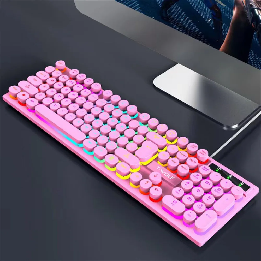 T-WOLF T80 oyun klavyesi kablolu aydınlık dizüstü ofis pembe Punk Retro klavye karakter şeffaf Punk yuvarlak Keycaps