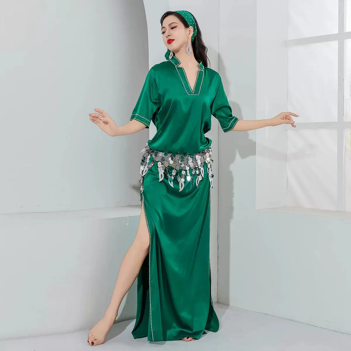 Folk Dance Costume Women Belly Dance Dress V-neck Satin Baladi Dress Saidi One-piece Dresses Girls Long Robe with Coins Belts