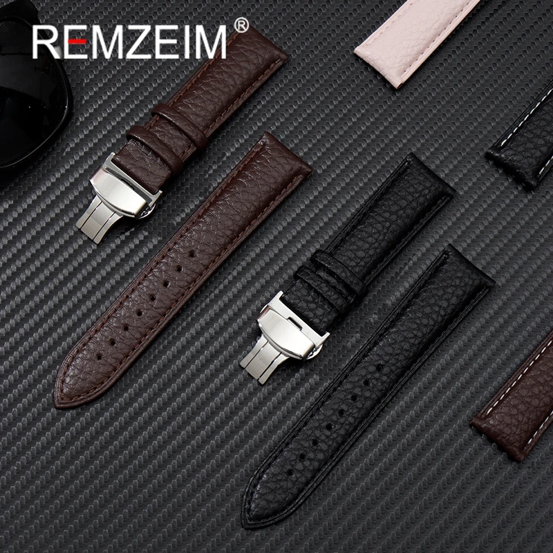 Litchi patterned Genuine Calfskin Leather Watchband 18mm 20mm 22mm Straps with Solid Automatic Butterfly Buckle Watch Band