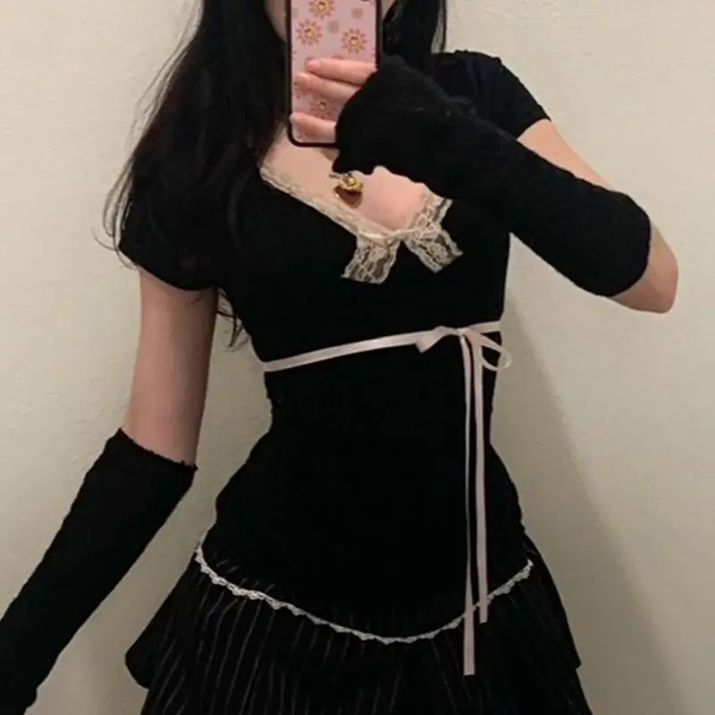 

Y2k Sweet Lace Patchwork Bandage Bow T-shirt Women Summer Slim Fit Waist Spicy Girls Crop Top Japanese Lolita Chic Tees