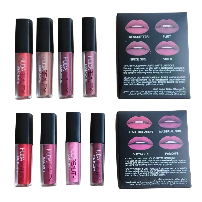 8pcs Huda Beauty Liquid Matte Lip Gloss Kit Waterproof Lip Glaze Tint Non-stick Non-Fading Lipstick Lip Makeup Cosmetic Lip Care