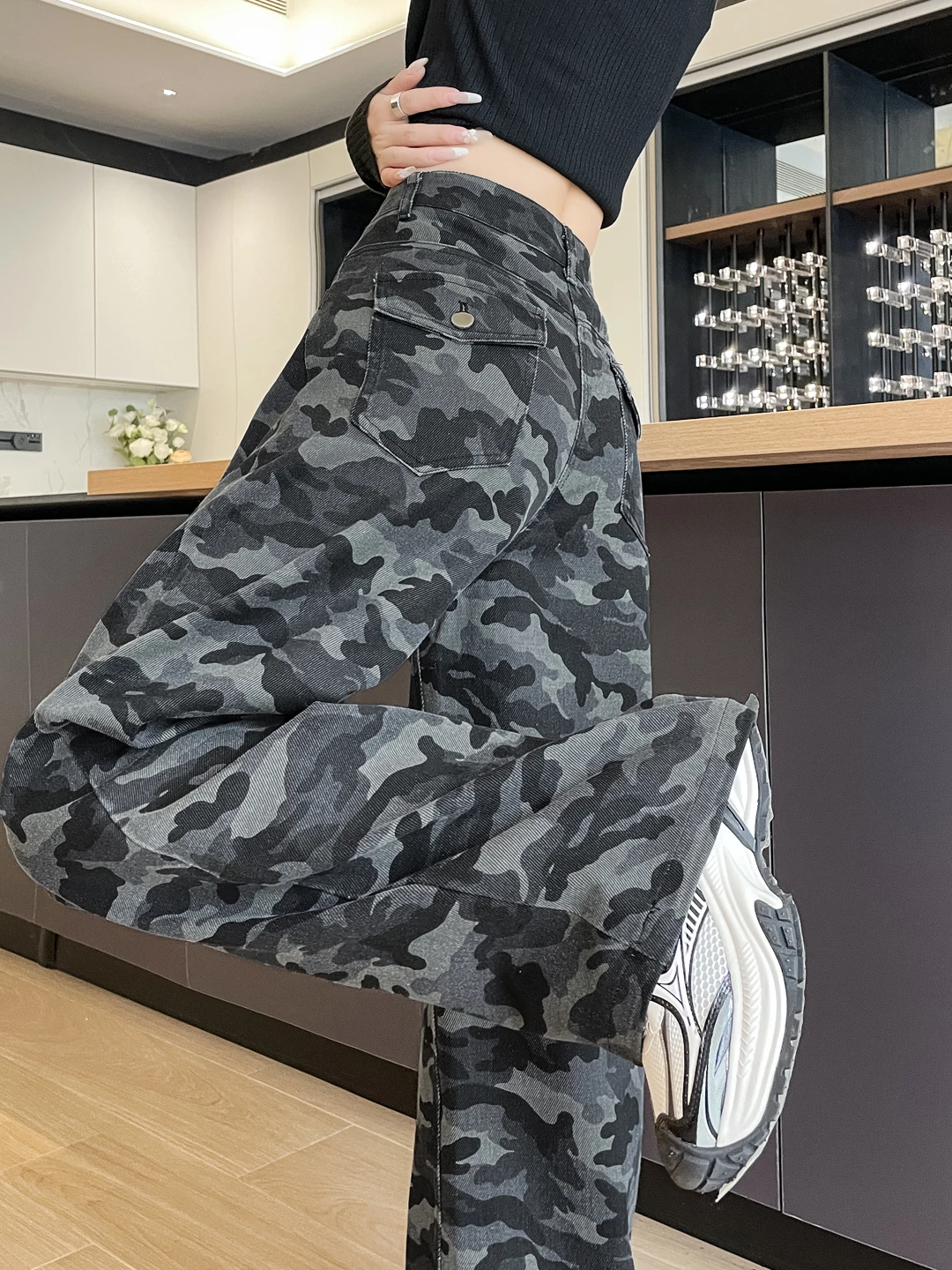 

American Style Camouflage Wide Leg Workwear Jeans Women's Loose Large Size Drapey Floor-Length Trousers Casual Daily Commute
