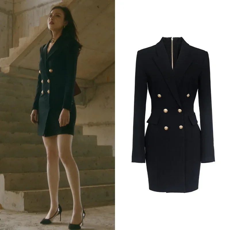 

Kpop Korean Singers Office Temperament Sexy Ladies A-Line Dress Autumn Women Elegant Notched Collar Double Breasted Suit Dresses