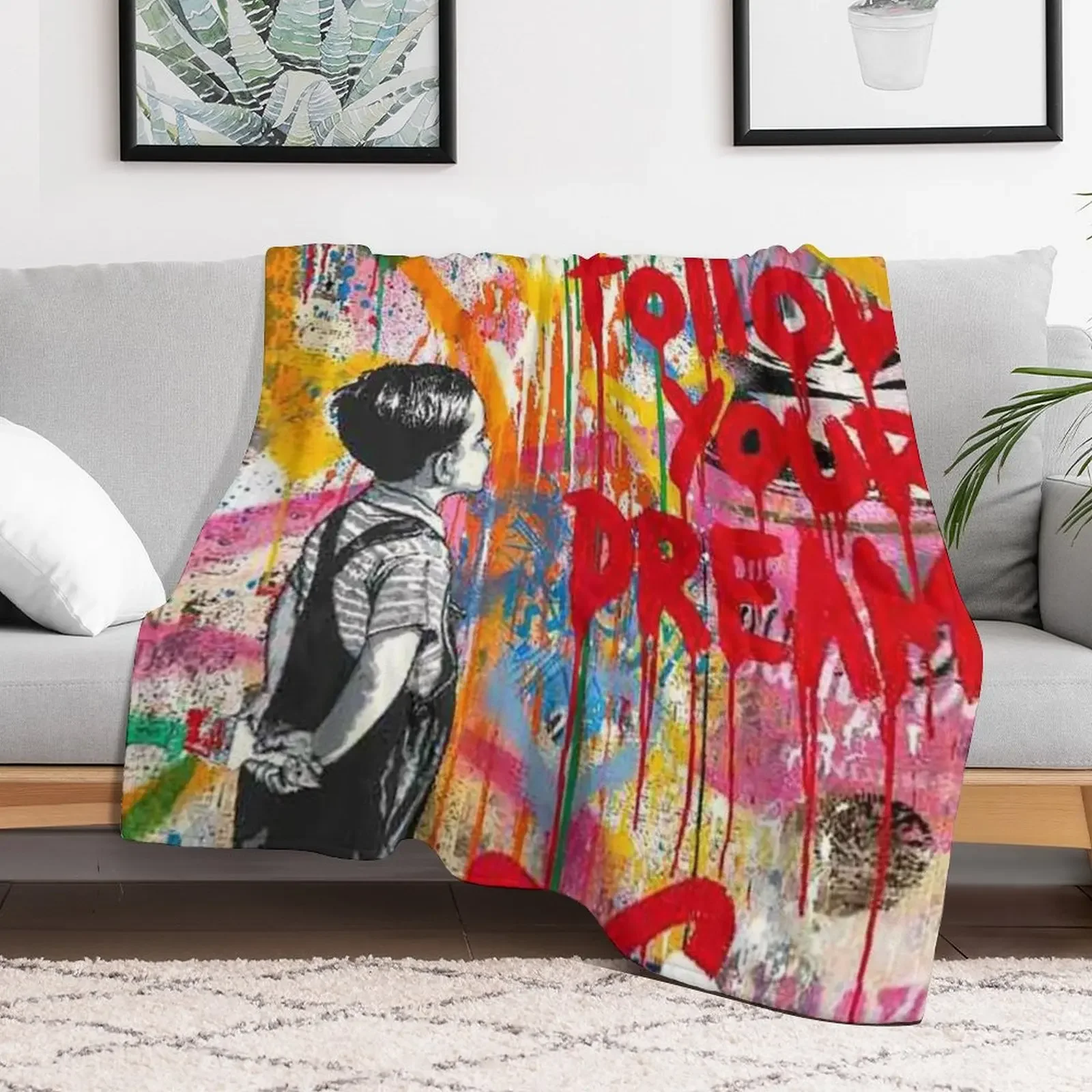 Follow Your Dreams Boy Street Art Collage Slogan Throw Blanket Warm Plush Fuzzy Blanket for Living Room