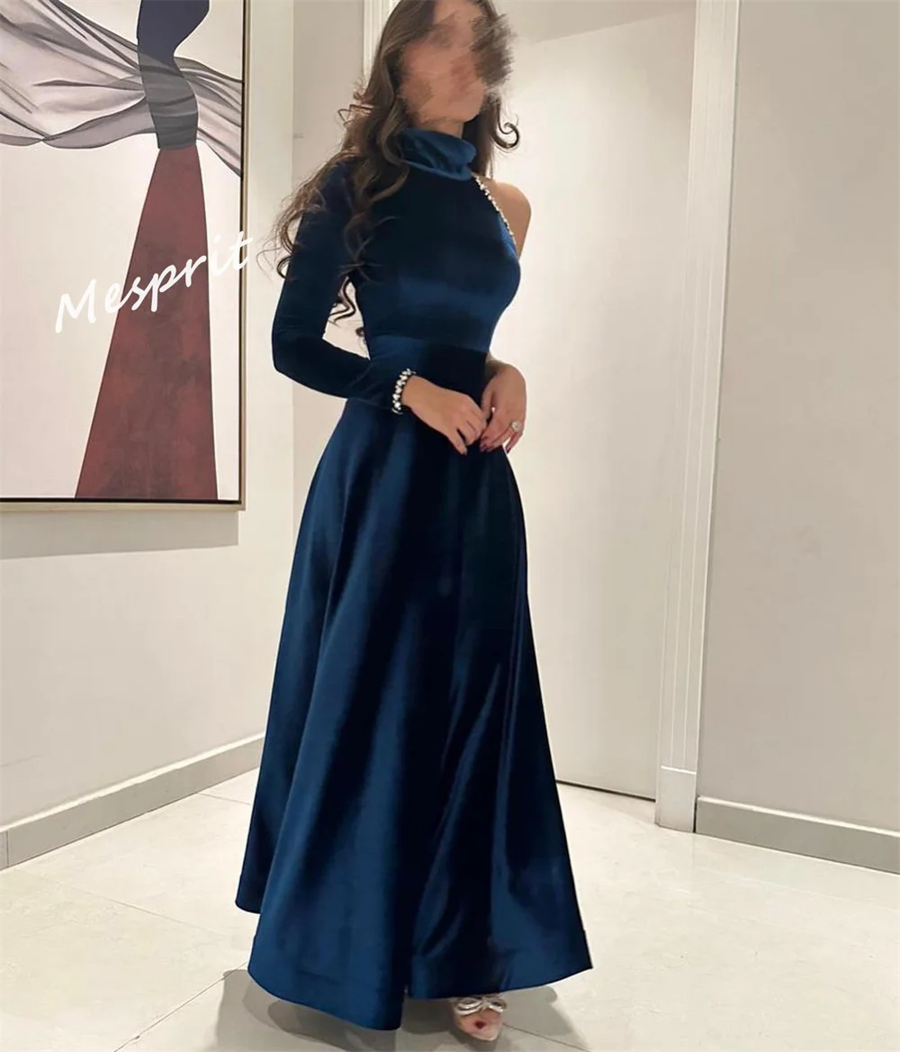 Prom Dress High Quality One-shoulder A-line Floor Length  Gown Rhinestone Velour Customized 