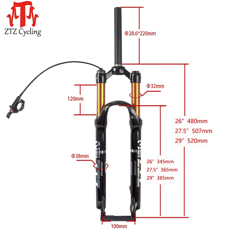 ZTZ MTB Fork Mountain Bike Suspension Fork,26/27.5/29 inch Air Fork Suspension Gas Fork 100mm Travel Straight Tube