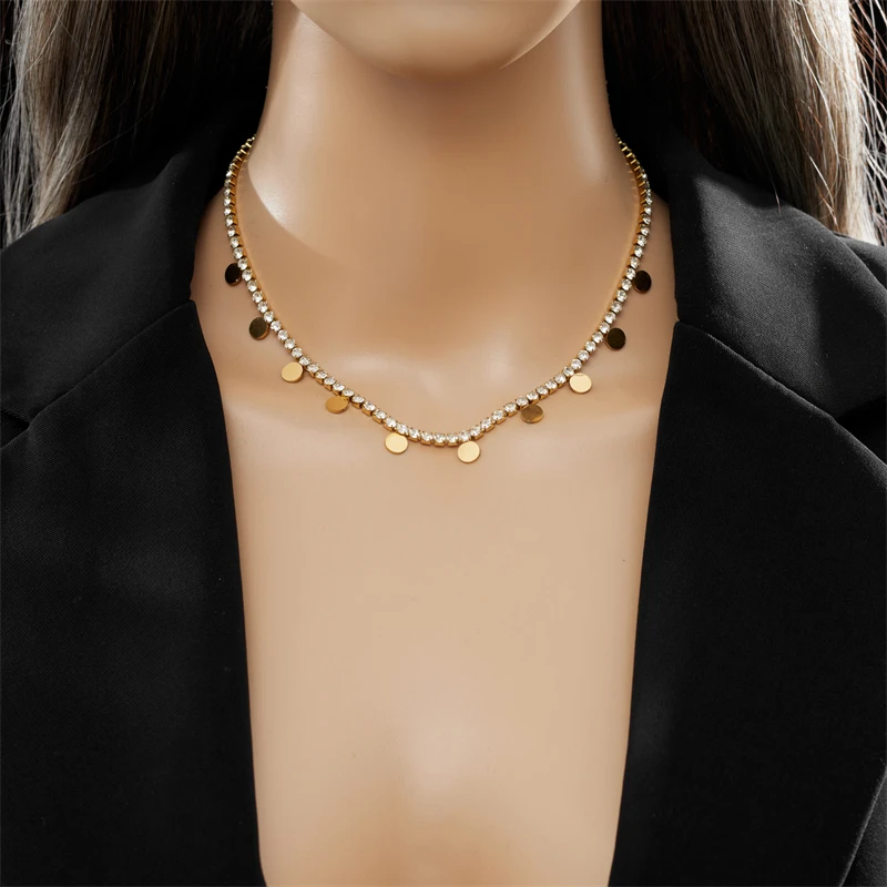 DIEYURO 316L Stainless Steel Round Choker Necklace Bracelets For Women Girl Luxury Zircon Chain Waterproof Jewelry Set Wedding