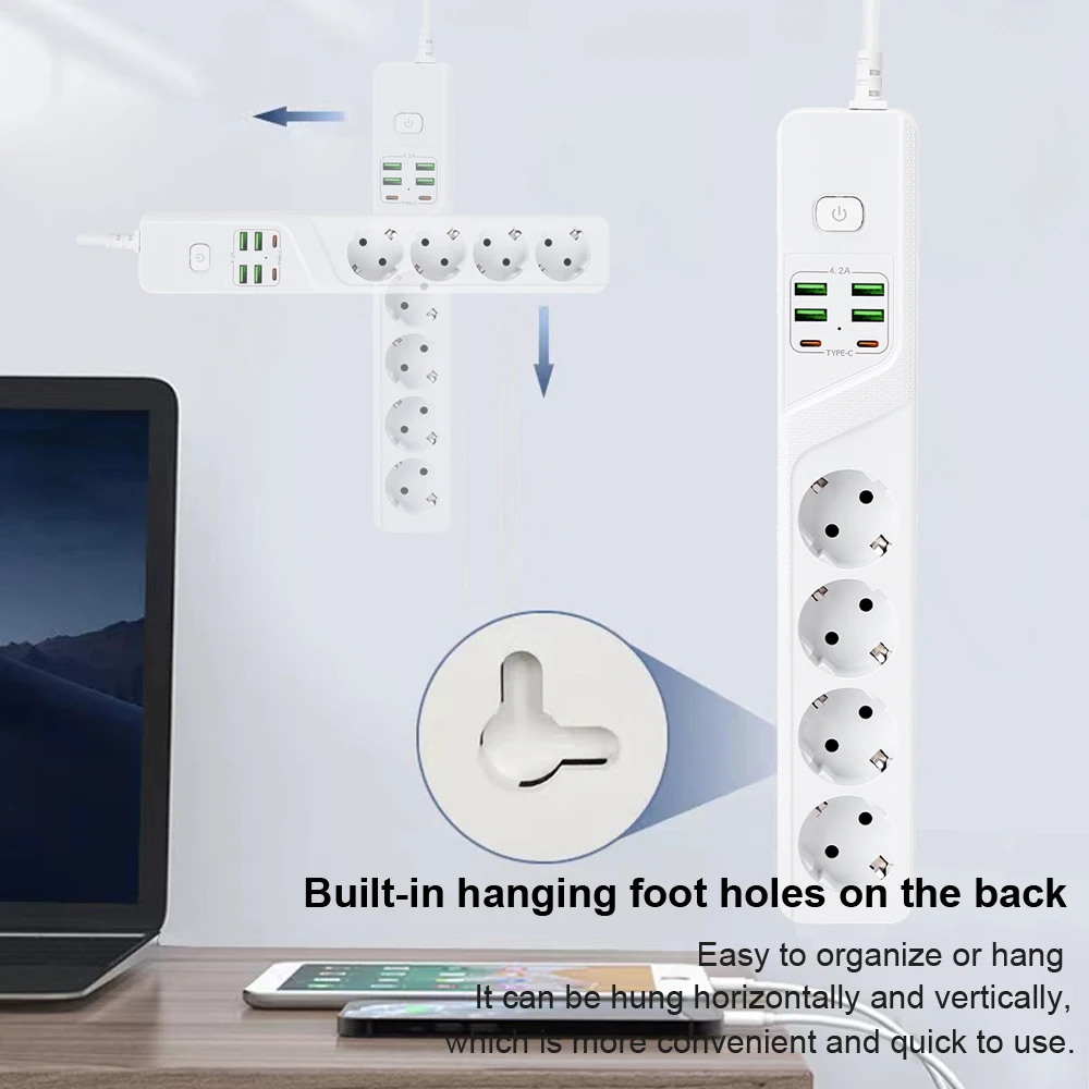 Standard Grounded Power Strip 4 EU Plugs Sockets 4 USB 2 Type C Ports Overload Protection With Extension Cable for Home Office