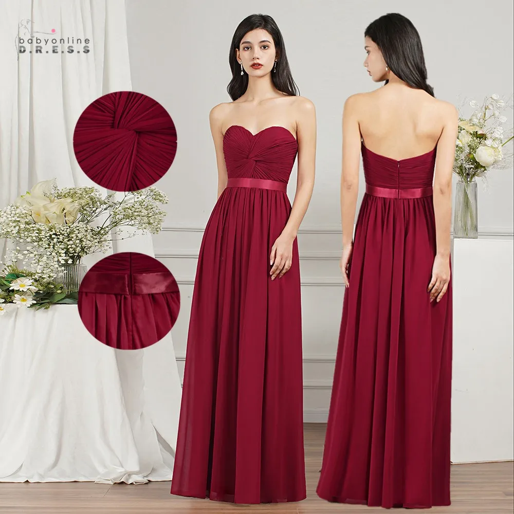BABYONLINE Bridesmaid Dresses For Wedding Party Elegant Burgundy Pleated A Line Chiffon Long Formal Evening Prom Gowns