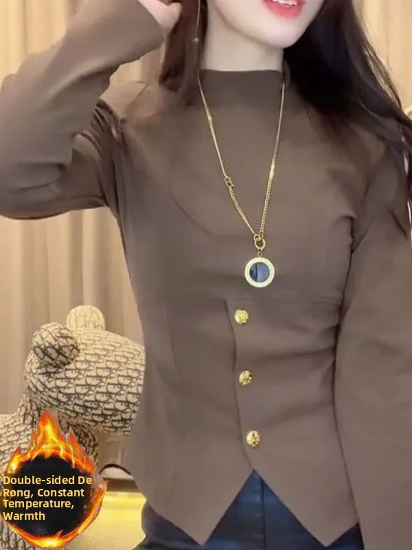 

Женская облегающая футболка с длинным рукавом, воротником-стойкой и металлическими пуговицами в ретро-стиле, базовая модель, модный топ для осени и зимы, новинка